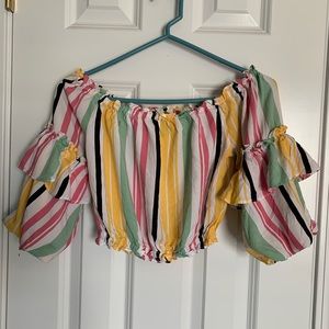 💛💚💗 Puff sleeved off the shoulder ruffle top